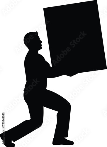 Person lifting object in kneeling pose silhouette cartoon illustration, symbolic effort and expressive gesture artwork for labor and lifestyle design