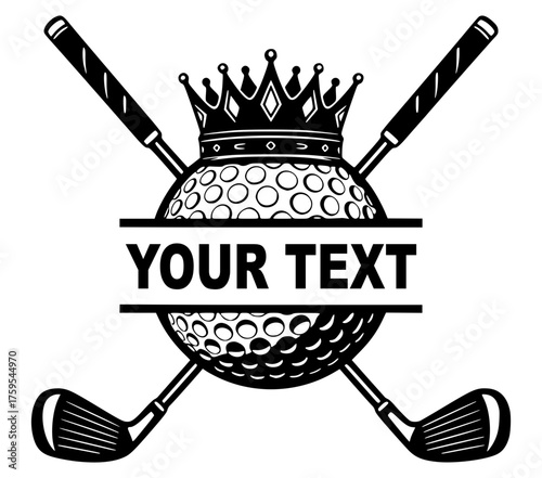 Golf Ball Monogram Split with Crown and Crossed Clubs Black and White, Sport King Template, Custom Text