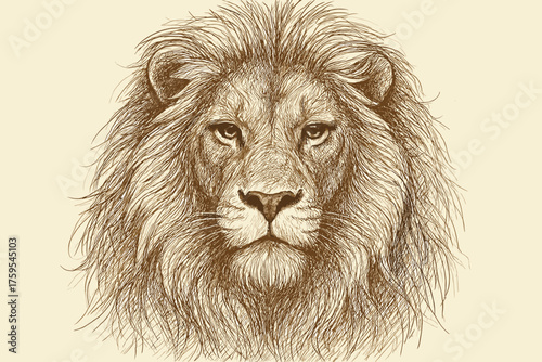 Flowing majestic detailed sketch portrait mane shaded face illustration lines vector lion