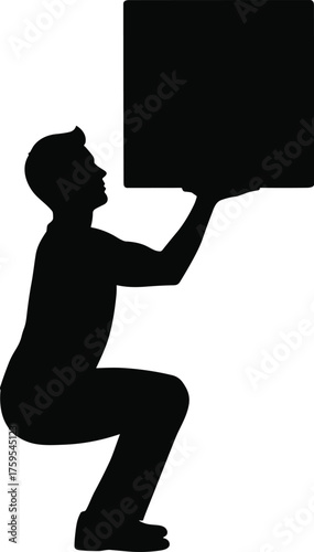 Person lifting heavy object in squat pose silhouette cartoon illustration, symbolic strength and expressive gesture artwork for fitness and lifestyle design