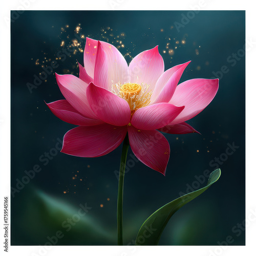 Pink lotus flower with glowing sparkles on dark background, symbolizing beauty and tranquility in nature