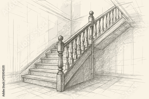 Architectural vector draft staircase shaded interior lines sketch balusters steps illustration