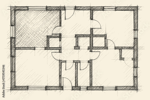 Floor architectural shaded illustration rough walls doorways sketch vector plan