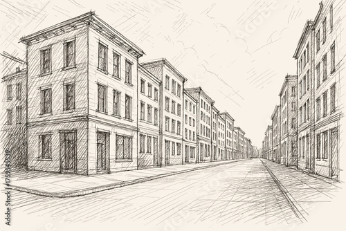 Illustration shaded sketch row street sidewalks buildings vector lines perspective urban