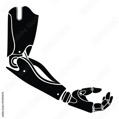 Black and white illustration of a robotic arm with intricate details.
