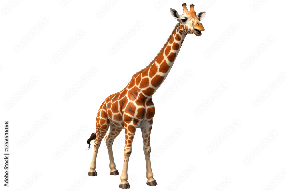 Naklejka premium A photorealistic rendering of a giraffe, standing against a transparent background, showcasing its unique coat pattern. background removed