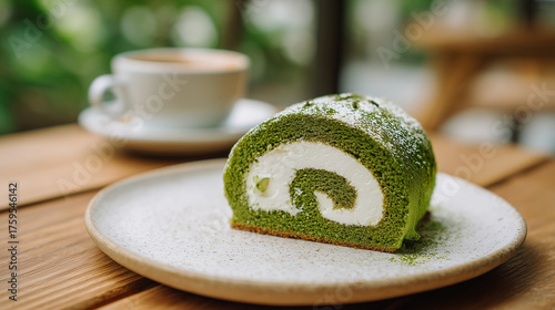 抹茶ロールケーキと生クリームのカフェスイーツ / Matcha Roll Cake Slice with Fresh Cream Café Dessert