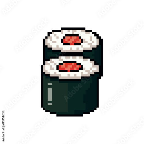 Pixel art illustration of two pieces of maki sushi with red filling. Retro and cute pixel style, perfect for Japanese food themes, sushi restaurants, or any pixel food-themed design.