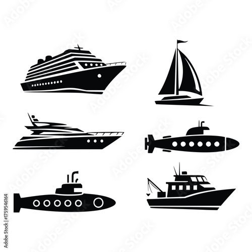 Collection of various watercraft silhouettes including cruise ship, sailboat, yacht, submarines, and fishing boat.
