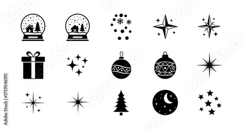 Minimalist winter icons: snow globes, stars, and festive symbols for seasonal design