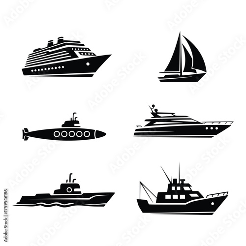 Collection of various watercraft silhouettes including cruise ship, yacht, sailboat, submarine, and fishing boat.
