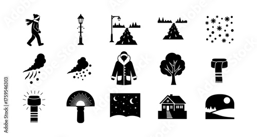 Winter icons collection: cozy clothing, nature, and night sky in silhouette style
