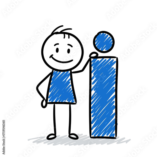A charming, hand-drawn stick figure with a smile stands confidently in a blue shirt, resting one hand on a large, sketchy blue information 'i' symbol.
