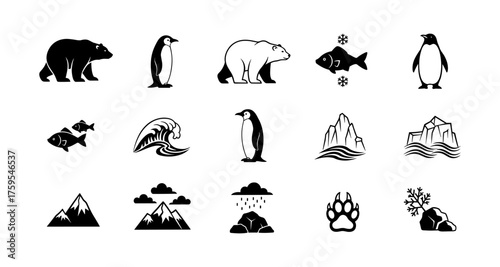 Arctic and antarctic motifs: polar bears, penguins, icebergs, and marine life icons