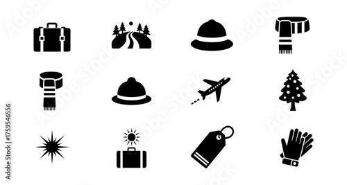 Travel and winter icons: adventure, fashion, and holiday silhouettes