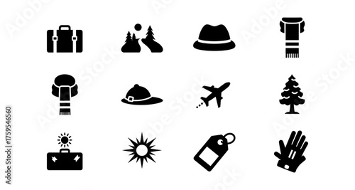 Stylish travel and winter icons set featuring suitcase, scarf, and airplane silhouettes