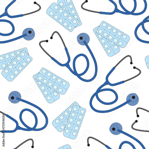 Seamless pattern with stethoscope and pills. Medical background. Isolated on white background.