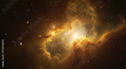 A vibrant nebula glows with intense light, showcasing cosmic dust and gas formations in deep space.
