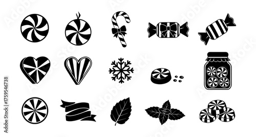 Black and white candy icons with peppermint, snowflake, and ribbon accents