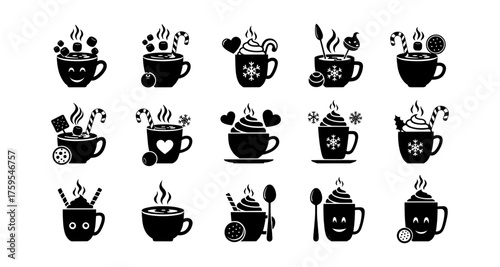 Charming winter coffee cups silhouettes with holiday decorations and whimsical designs