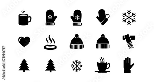 Winter season silhouette icons: mugs, mittens, snowflakes, and hats for holiday designs