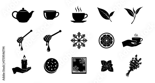 Set of tea and herbal icons: silhouettes of teapots, cups, and leaves