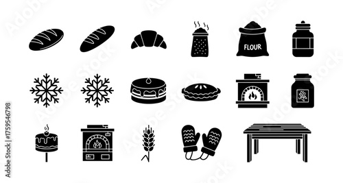 Baking elements set: bread, pastry, kitchenware, and cooking icons in silhouette style