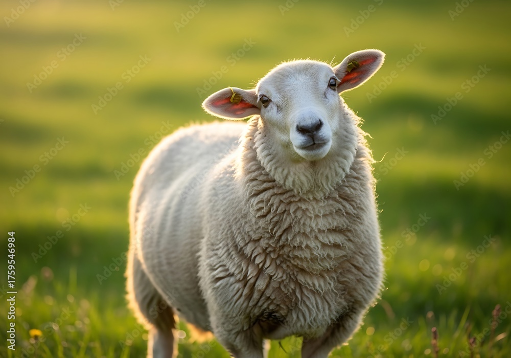 Fototapeta premium A fluffy white sheep stands in a sunlit green pasture, looking directly at the viewer.