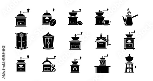 Silhouette collection of vintage coffee grinders and kettle icons on white background