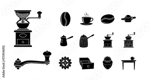Vintage coffee elements set: grinder, beans, cup, and accessories in black silhouette