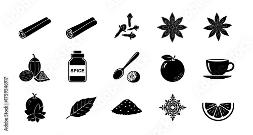 Silhouette set of aromatic spices and herbs icons for cooking and tea