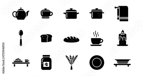 Kitchen essentials icon set: culinary tools and dining elements in silhouette style