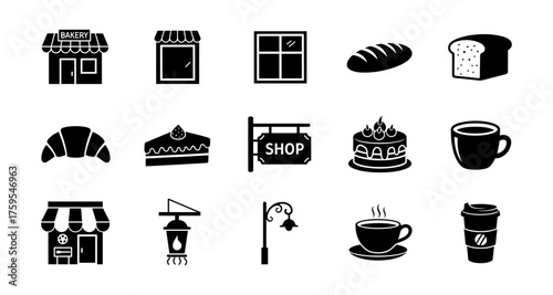 Silhouette bakery icons: bread, coffee, cake, and cafe symbols for all your design needs