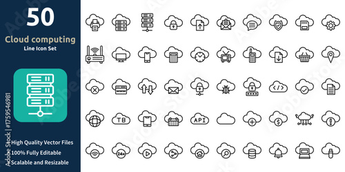Cloud computing icon set in Outline style. Minimilist and trendy Icon set. Containing Icons,Printer,Database,Server,Locked,File upload,Message,and so on.