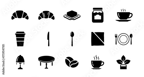 Breakfast icons set: croissant, coffee, jam jar, utensils in simple black style