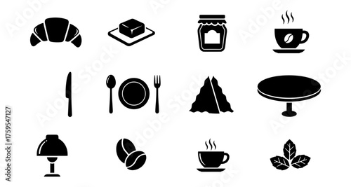 Breakfast icons: coffee, croissant, jam, and dining elements in bold silhouette style