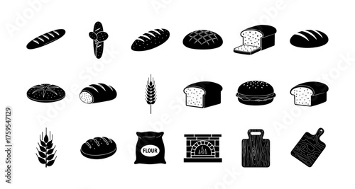 Silhouette collection of breads and baking icons with wheat and tools