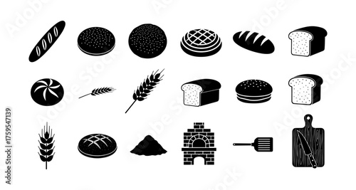 Bakery icons set featuring bread, pastries, and baking tools in black and white silhouette style