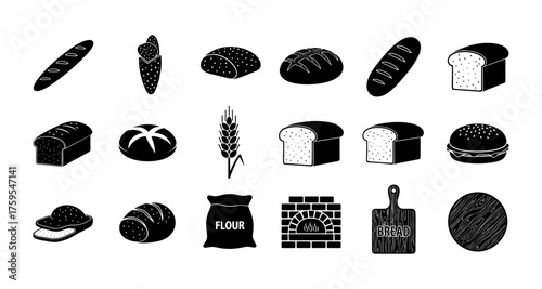Black and white bakery icon set featuring various bread types and baking tools