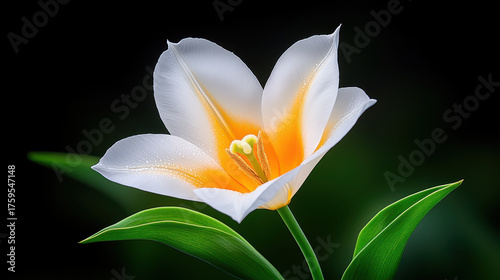 White flower with orange center and green leaves on dark background, delicate petals with water droplets creating fresh and vibrant mood