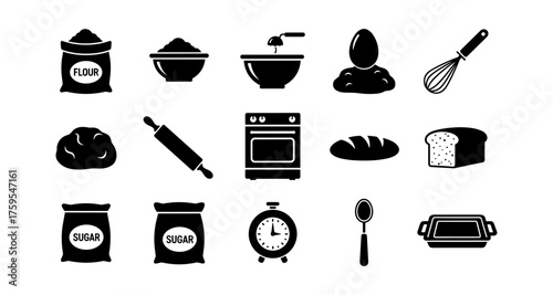 Baking essentials set in silhouette with kitchen tools and ingredients