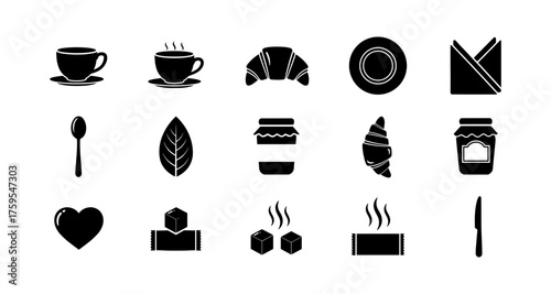 Silhouette breakfast essentials: coffee, pastries, and cutlery icons set