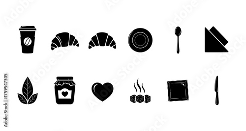 Silhouette icons of breakfast essentials: coffee, croissant, plate, spoon, and more in classic design
