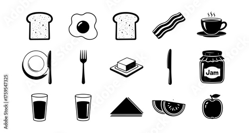 Breakfast icons: minimalist set featuring toast, eggs, bacon, coffee, and more