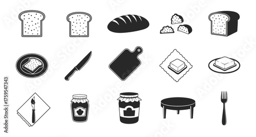 Bread and kitchen utensils: minimalist icons for baking and breakfast themes