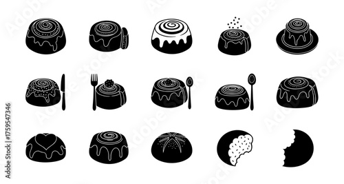 Set of tasty dessert icons featuring cinnamon rolls and sweet glazed treats