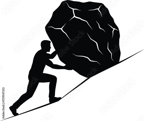 Person pushing boulder uphill silhouette cartoon illustration, symbolic struggle and expressive gesture artwork for motivational and mythic design