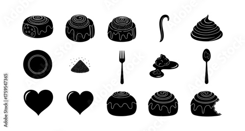 Collection of monochrome cinnamon roll and kitchen icons on white background