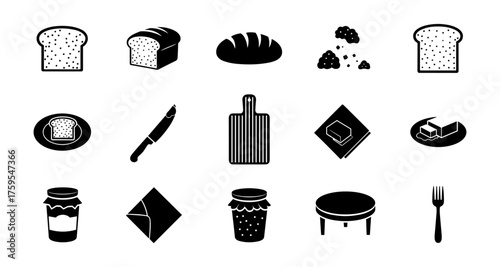 Bread and breakfast icons: kitchen essentials in silhouette style