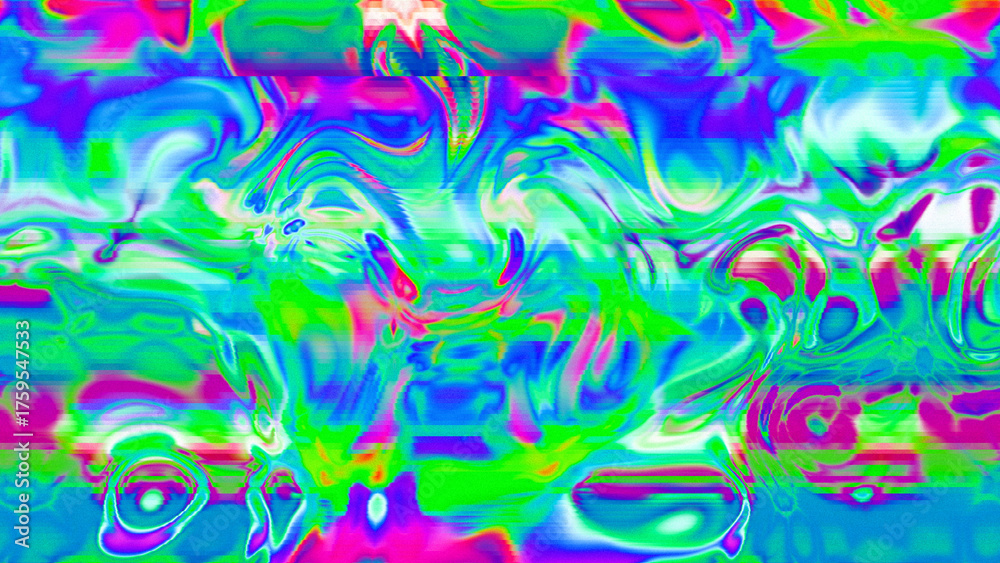 Fototapeta premium Abstract psychedelic glitch waves with neon colors, distorted digital fluid texture and VHS scanline effect